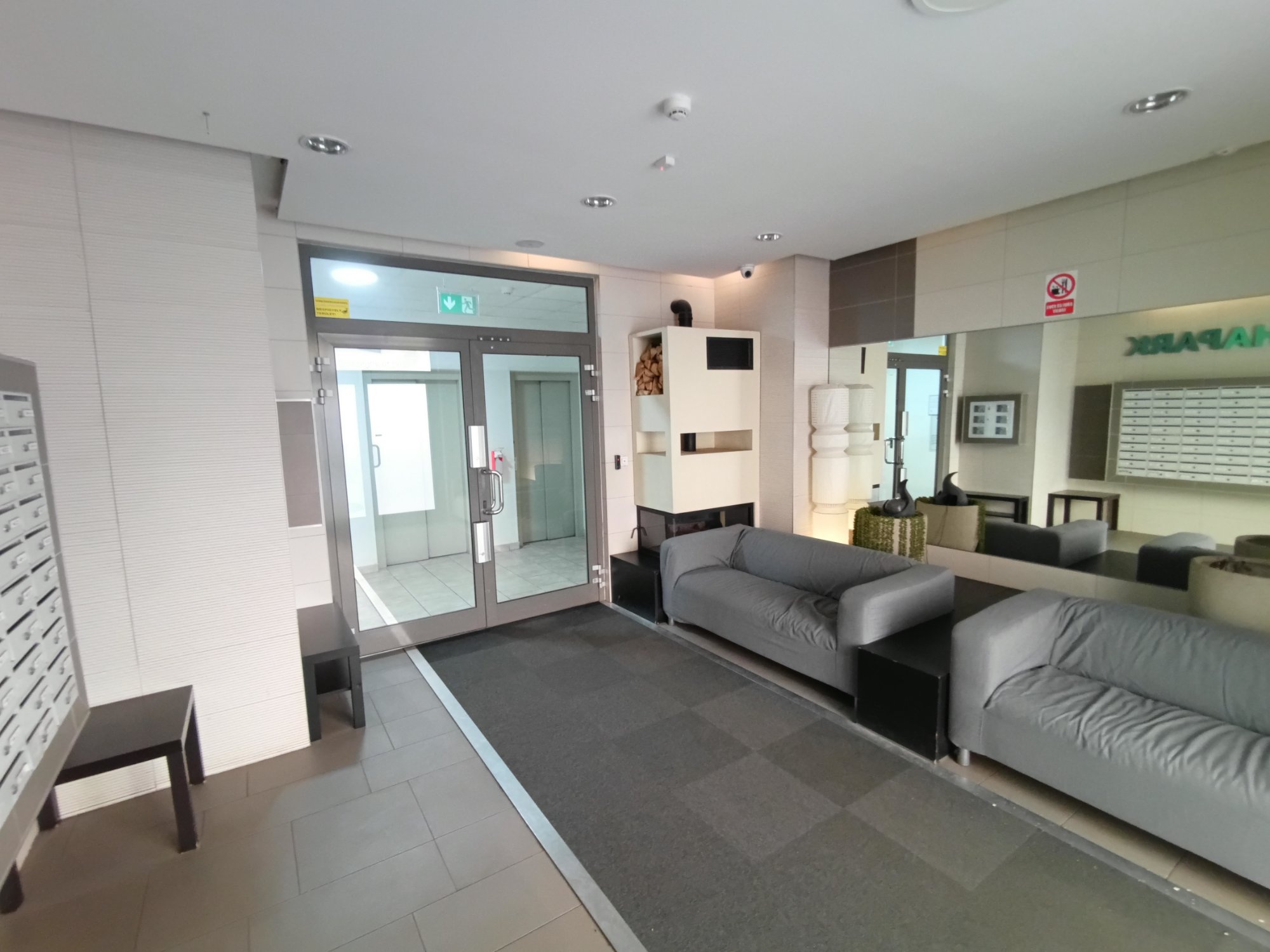 Building lobby with fireplace